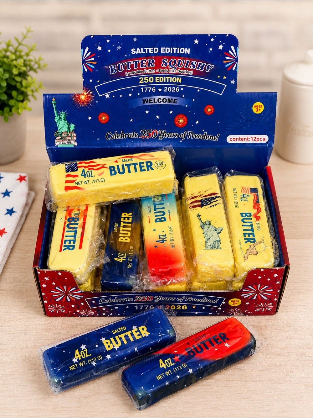 Butter Squishy Salted Edition Stress Toy Pack - Yellow, Blue, Red 12 piece box